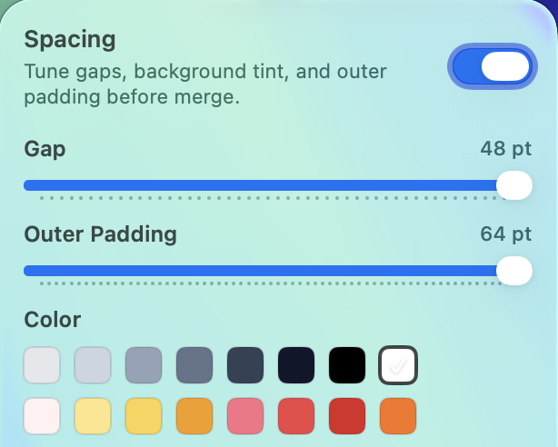 SnapMerge spacing editor with controls for gap, outer padding, color, and intensity
